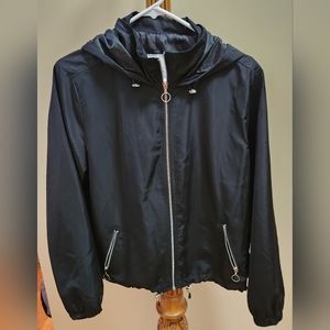 Women's Lightweight Hooded Black Jacket w/silver Accents Zipper Pockets Large